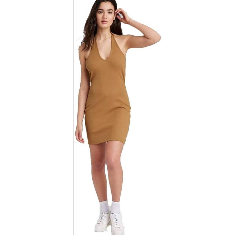 Wild Fable Boho Bodycon Halter Mini Dress Sz:L Brown Ribbed Cotton Blend